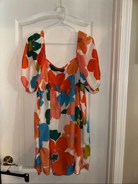 BiBi Multicolor Floral Puff-Sleeve Mini Dress — Orange, Blue, Green, Pink, White